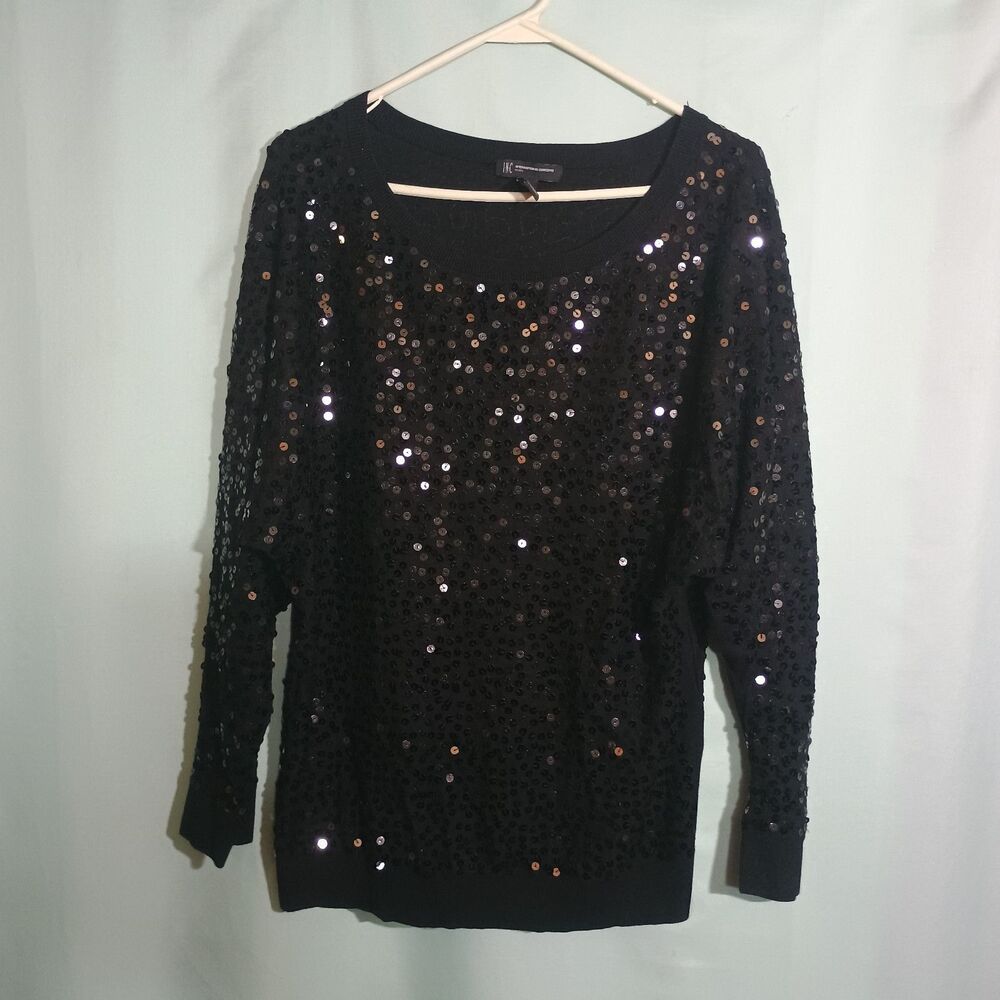 Black Sequin Long Sleeve Top Scoop Neck Sparkle Party Evening Blouse